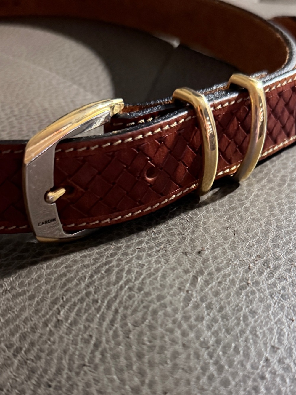 Vintage Pierre Cardin Brown Woven Leather Belt with Gold Accents